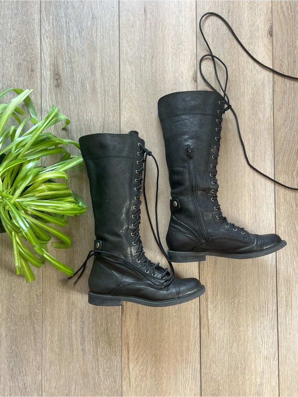 Lucky Brand Black Lace-Up Knee-High Leather Boots